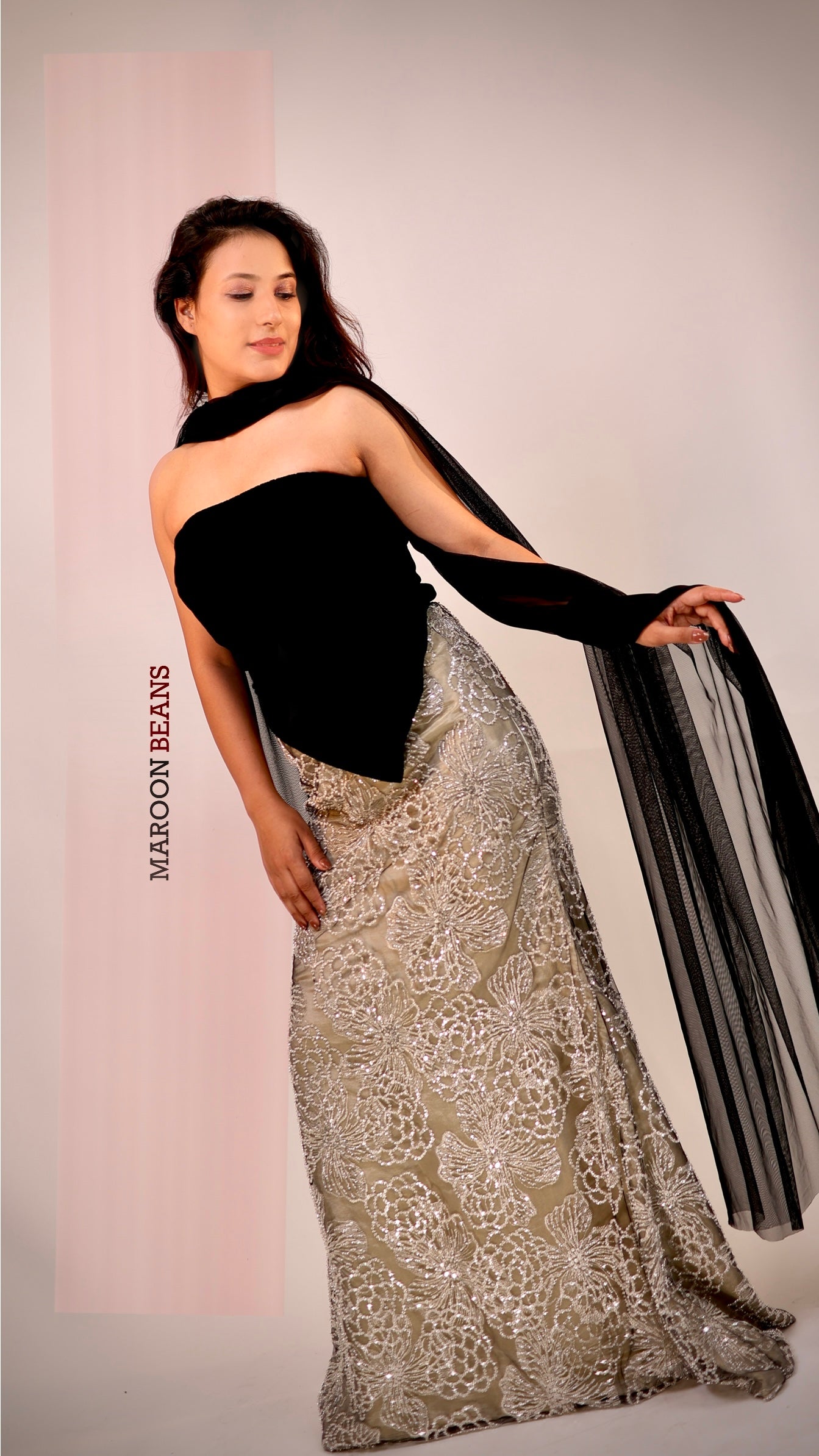 Black Velvet Geometric Blouse With Lehenga Skirt