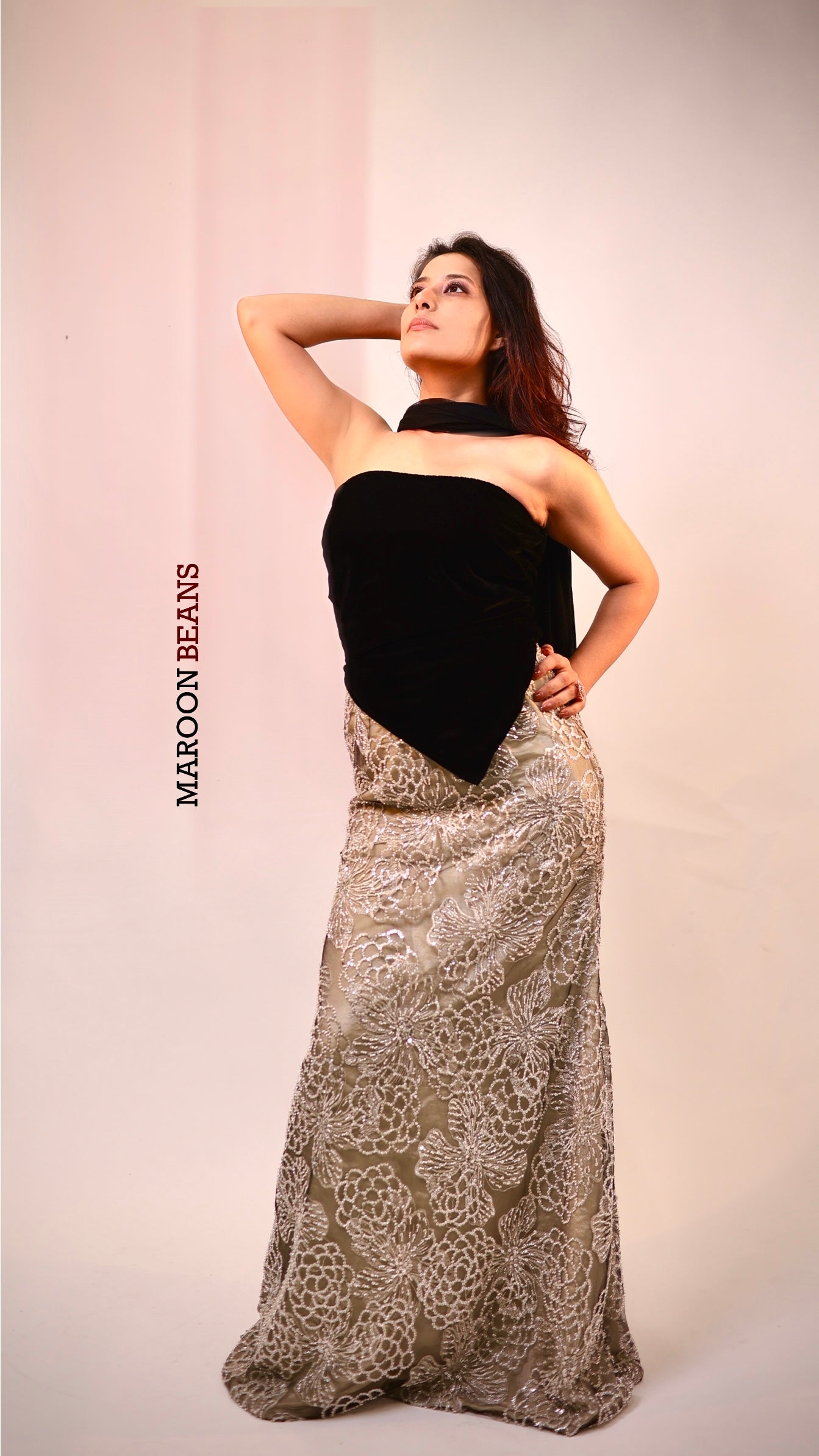 Black Velvet Geometric Blouse With Lehenga Skirt