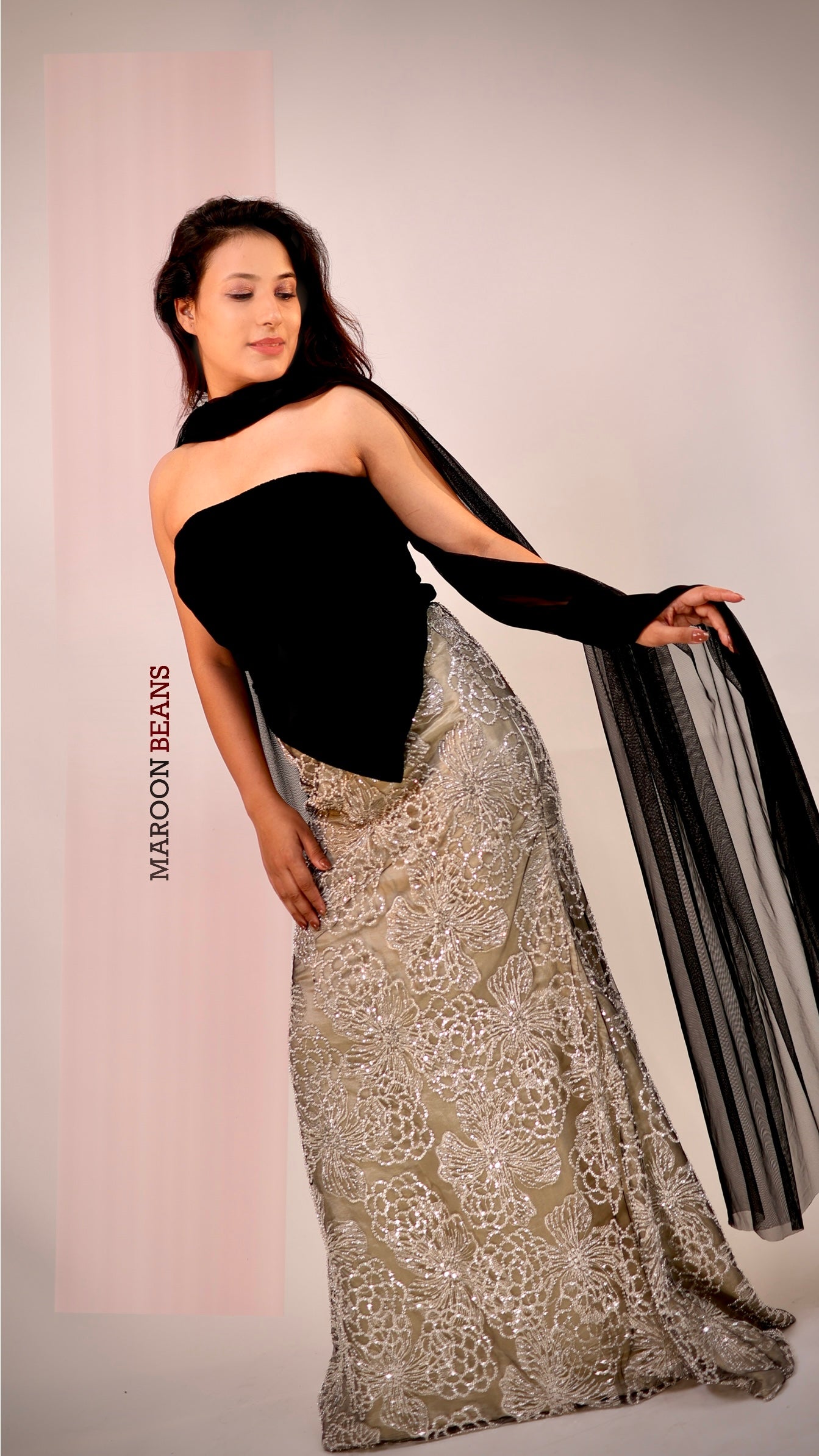 Asymmetrical Velvet Blouse with Gold Lehenga