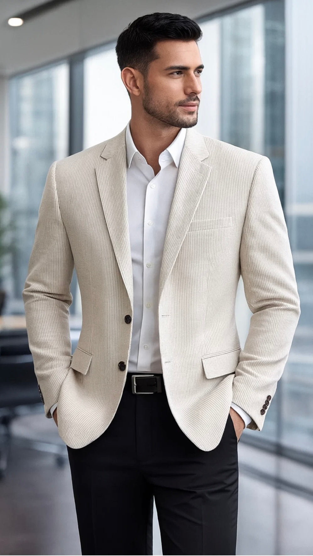 Men’s Linen Pin-Stripe Blazer with Wooden Buttons