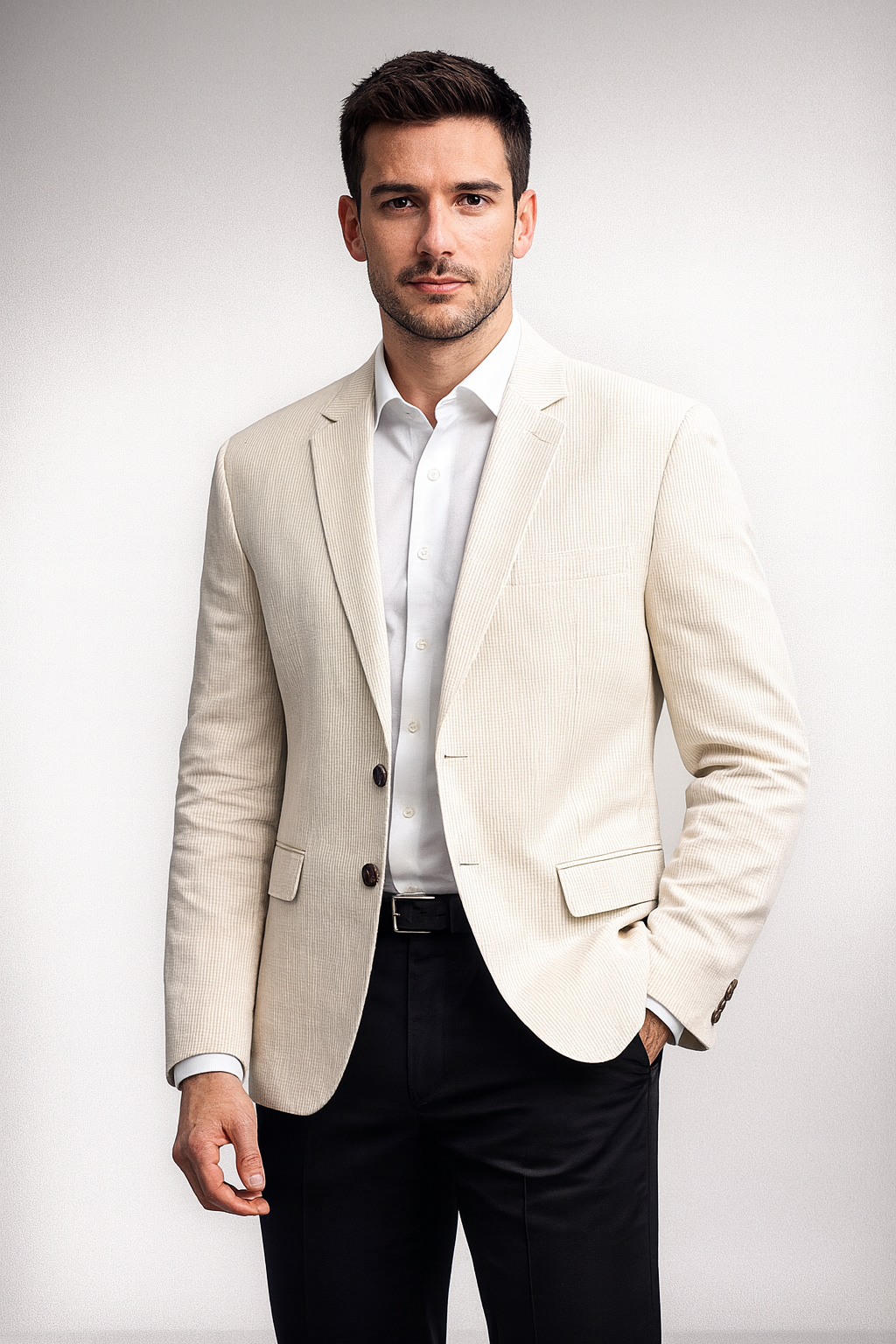 Men’s Linen Pin-Stripe Blazer with Wooden Buttons